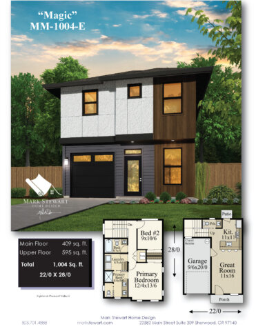 Front exterior and floor plan view of Magic (MM-1004-E), a Narrow Two Story Modern House Plan featuring a Modern Hip Roof, smooth stucco and wood siding, cantilevered upper floor partially covering the front entry, open-concept main floor with great room and kitchen, two upstairs bedrooms, upstairs laundry, and integrated one-car garage, designed for narrow lots and ADU construction.