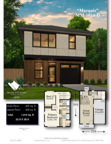Marquis (MM-1014-D), a Small Two Story Modern House Plan with Modern Hip Roof design, featuring smooth stucco and wood siding, large black-framed windows, minimal uncovered entry, and an integrated one-car garage, designed for narrow lots and urban infill living