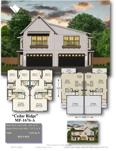 Photorealistic rendering of Cedar Ridge (MF-1676-A), an American Country Rustic Townhouse duplex plan featuring two spacious units with charming vertical siding, elegant window boxes, and inviting front porches. Shown with detailed floor plans and architectural design elements that highlight its appeal for developers and investors.