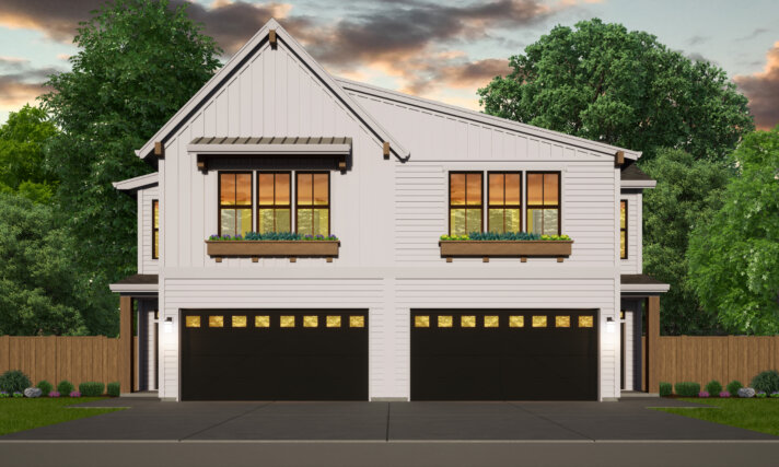 Photorealistic exterior rendering of Cedar Ridge (MF-1676-A), an American Country Rustic Townhouse duplex with elegant vertical siding, charming window boxes, and inviting front porches.