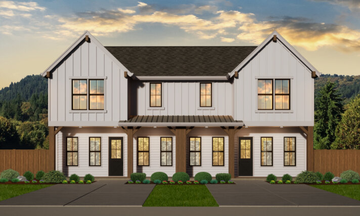 A charming American Country Rustic Townhouse duplex with board and batten siding, rustic wood accents, and welcoming front porches.