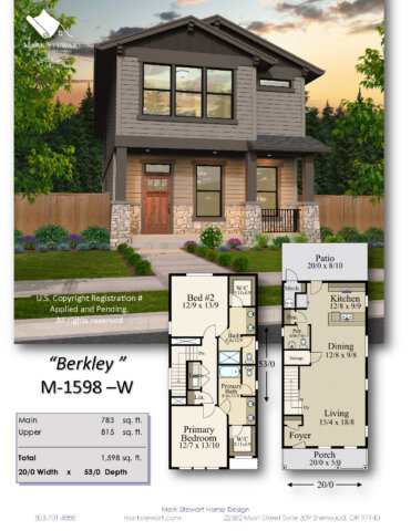 "Marketing summary for Berkley (M-1598-W) Craftsman house plan with 1,598 sq. ft., including front rendering, floor plans, room dimensions, and compact rear-garage layout."