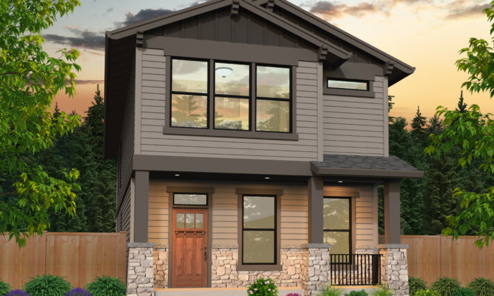 "Front view of Berkley (M-1598-W), a narrow two-story Craftsman house plan featuring lap siding, vertical battens, dark iron ore trim, a warm wood front door, and a covered porch with stone columns — perfect for compact urban lots."
