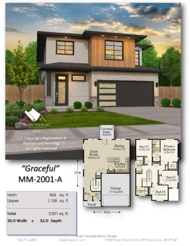 Composite image showing Graceful (MM-2001-A) Northwest Modern house plan, including front rendering, dimensions, square footage, and floor plans.