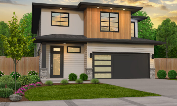 Front elevation of Graceful (MM-2001-A), a Northwest Modern house plan with two stories, mixed siding, flat rooflines, and wood/stone accents.