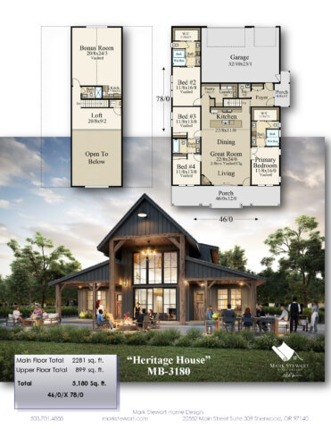 Photorealistic all-in-one image of Heritage House (MB-3180), showcasing its classic barn-style architecture, expansive covered front porch, vaulted ceilings, and modern farmhouse detailing. Includes a view of the open-concept living area, gourmet kitchen with large island, main floor primary suite, guest suite/ADU, and upper-level bonus room, perfect for multi-generational living and countryside elegance.