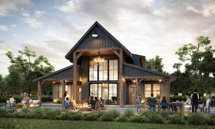 Photorealistic rendering of Heritage House (MB-3180), a stunning barn style house plan with vaulted ceilings, expansive windows, exposed timber framing, and an inviting covered porch. Modern farmhouse elegance combined with classic barn architecture, perfect for family gatherings and multi-generational living.