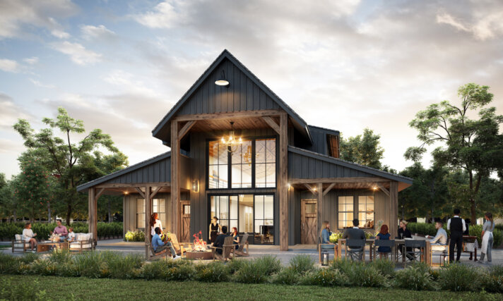 Photorealistic rendering of Heritage House (MB-3180), a stunning barn style house plan with vaulted ceilings, expansive windows, exposed timber framing, and an inviting covered porch. Modern farmhouse elegance combined with classic barn architecture, perfect for family gatherings and multi-generational living.