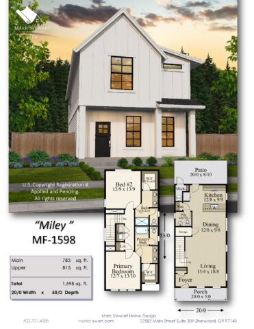 Full summary layout of Miley (MF-1598) with front rendering, main and upper floor plans, square footage, and overall dimensions.