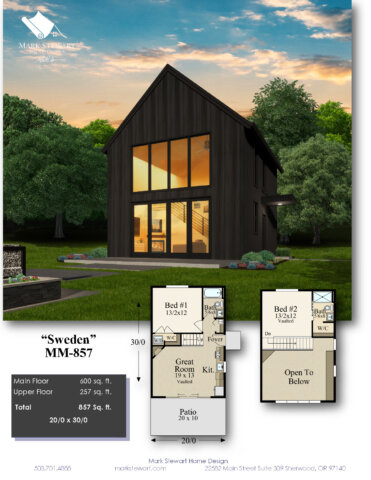 Modern Nordic Tiny House Plan with steep gable roof, dark vertical siding, and large two-story window wall. Features include covered entry, patio, and open loft interior. Sweden MM-857 floor plan: main floor with great room, kitchen, Bedroom 1 and bath; upper floor with open-to-below loft, Bedroom 2 with bath and walk-in closet.