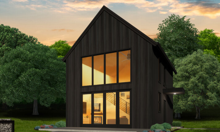 Modern Nordic Tiny House Plan with steep gable roof, dark vertical siding, and large two-story window wall. Features include covered entry, patio, and open loft interior.