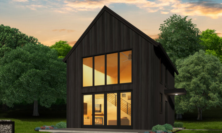 Modern Nordic Tiny House Plan with steep gable roof, dark vertical siding, and large two-story window wall. Features include covered entry, patio, and open loft interior.