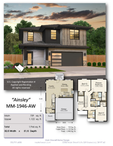 Marketing composite for Ainsley (MM-1946-AW), featuring front elevation, floor plans, square footage breakdown, and overall dimensions for quick reference.