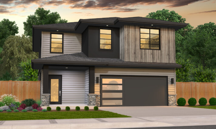 Photorealistic front view of Ainsley (MM-1946-AW), a two-story Organic Modern home with mixed-material siding, stone accents, dark trim, a two-car garage, and clean modern rooflines.