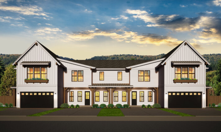 Photorealistic rendering of Cedar Grove (MF-1676-1430), a Modern Rustic 4-Plex with board and batten siding, exposed timber accents, and inviting covered porches. Elegant design paired with contemporary functionality for multi-family living.