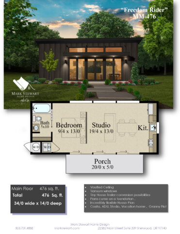 Modern Tiny House Plan with vaulted ceilings, transom windows, and glass front doors under a single-slope shed roof. ADU