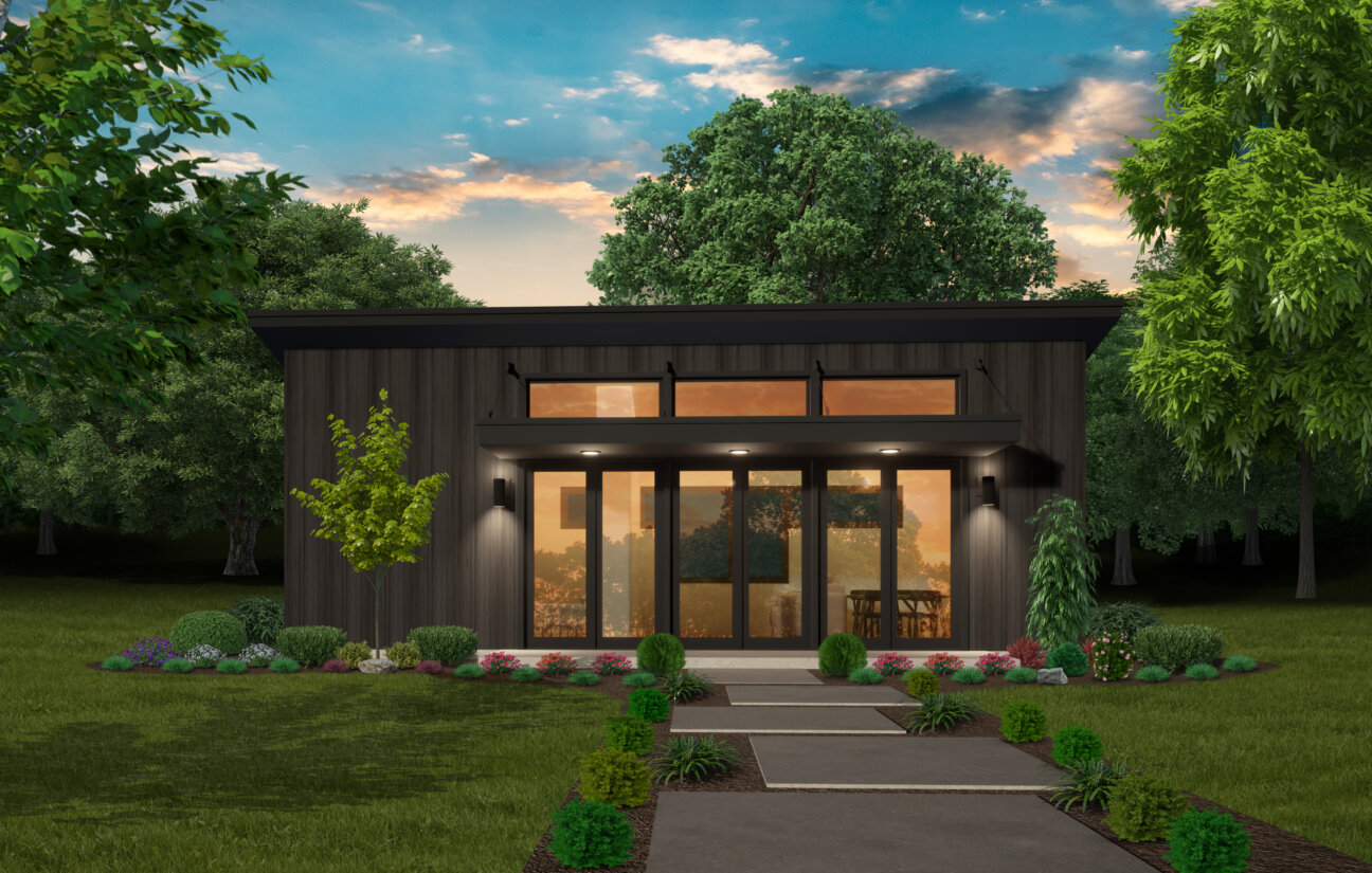 Modern Tiny House Plan with vaulted ceilings, transom windows, and glass front doors under a single-slope shed roof.