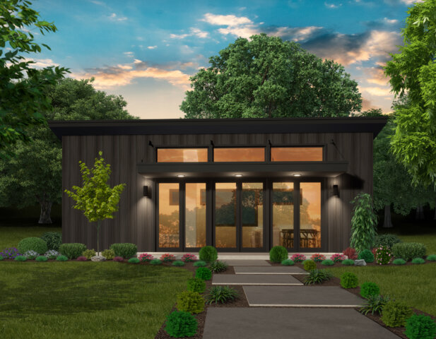 Modern Tiny House Plan with vaulted ceilings, transom windows, and glass front doors under a single-slope shed roof.