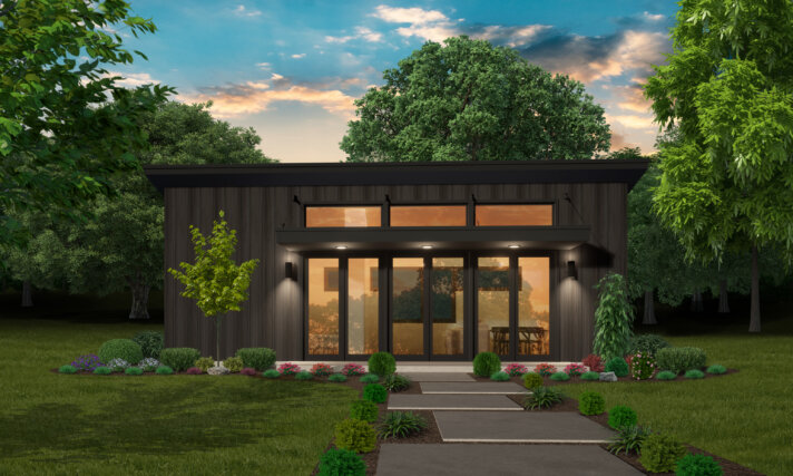 Modern Tiny House Plan with vaulted ceilings, transom windows, and glass front doors under a single-slope shed roof.