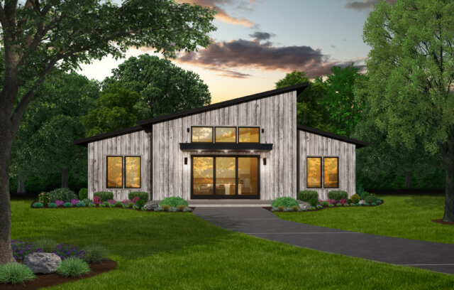 Rustic Mountain Rendering Wedgewood MM-1965 with weathered board and batten siding, glowing windows, and sloped roofline framed by trees.