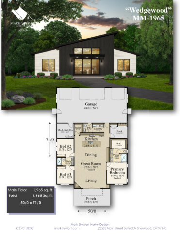 Wedgewood (MM-1965) is a 1,965 sq. ft. one-story Mountain Modern barndominium house plan featuring vaulted ceilings, a spacious great room, 3-car garage, and dual exterior options.