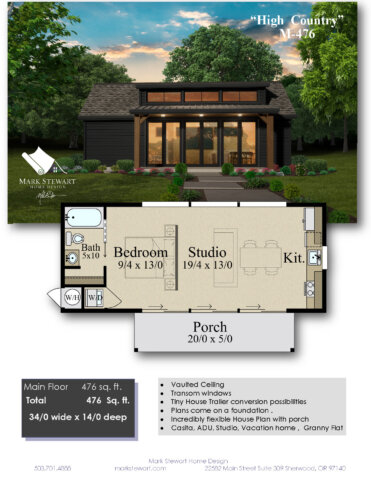 Front exterior view of High Country Modern Tiny House Plan with covered porch, transom windows, and vertical siding. Interior floor plan showing private bedroom, studio living area, kitchen, and full bathroom