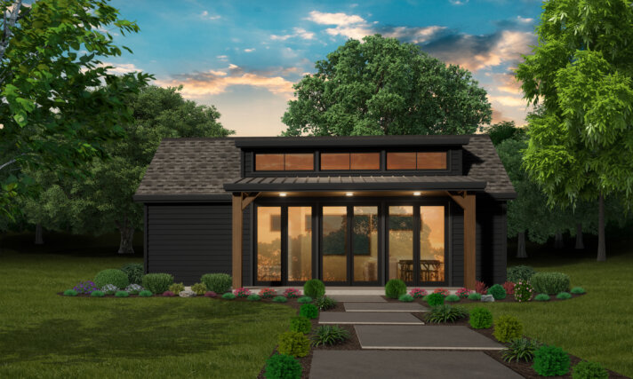 Front exterior view of High Country Modern Tiny House Plan with covered porch, transom windows, and vertical siding