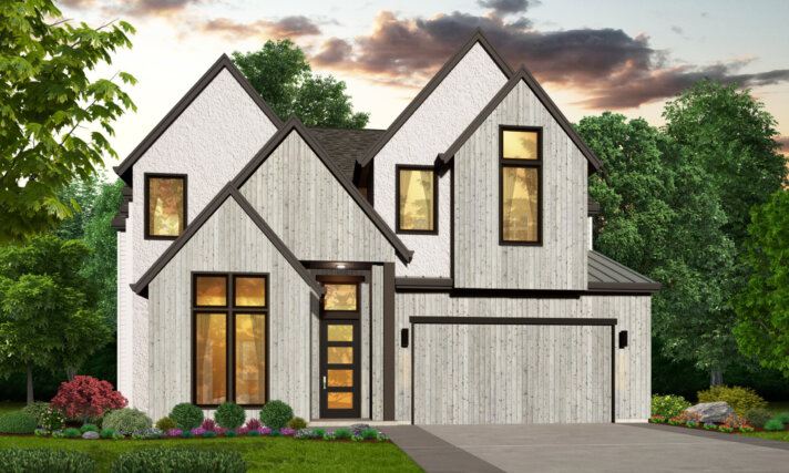 Sunshine One – Two-story Nordic Modern house with steep gables, white vertical siding, and black windows.