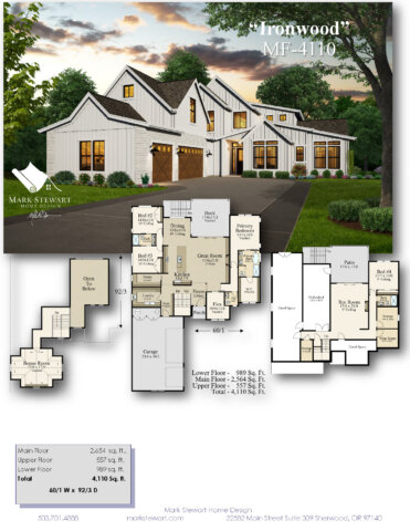 House Plan MF-4110 Ironwood . L-shaped Rustic Modern Farmhouse with timber accents and deep rooflines