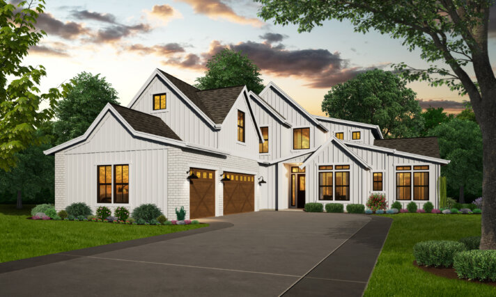 Photorealistic front exterior of Ironwood MF-4110 – L-shaped Rustic Modern Farmhouse with timber accents and deep rooflines