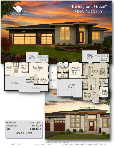 “Beauty and Grace – MSAP-3852-A Modern Prairie Downhill House Plan exterior with stone columns, large windows, and three-car garage”