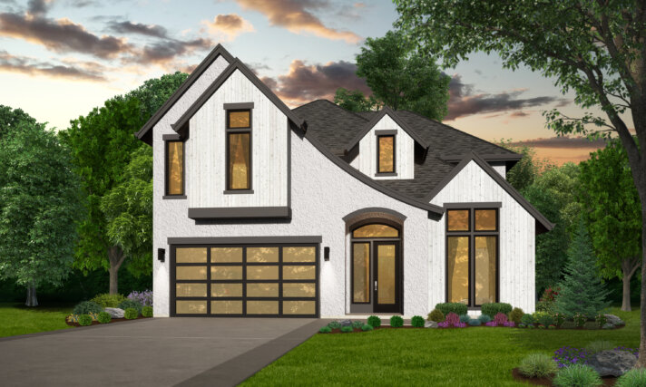 • Exterior rendering: Modern French Country home with white siding, black trim, steep gables, and arched entry