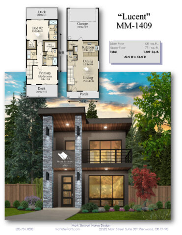Lucent MM-1409 is a Skinny Two Story Modern House Plan with organic modern design, front and rear porches, and a light-filled layout for narrow lots.