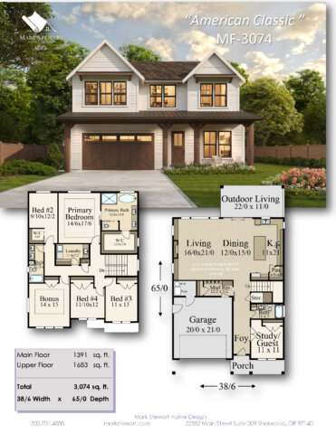 American Classic (MF-3074) is a 3,074 sq. ft. New American two-story house plan with 4–5 bedrooms, bonus room, and open-concept design.