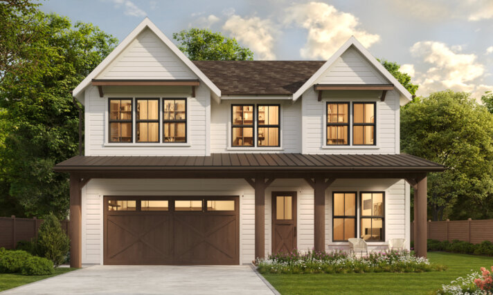 "American Classic MF-3074 – New American two-story house plan with gabled roof and covered porch”