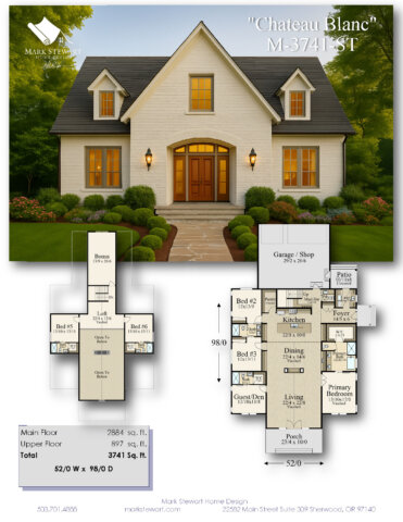 Château Blanc is a 3,741 sq. ft. French Country Storybook Barn Style home with six bedrooms, vaulted great room, lofts, and timeless curb appeal.