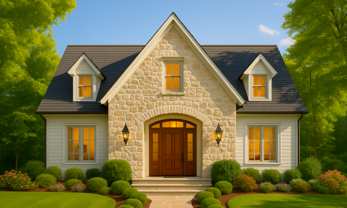 Rendering of Chateau M-2760-ST, a French Country house plan with arched entry, painted brick exterior, steep gables, and warm interior glow.