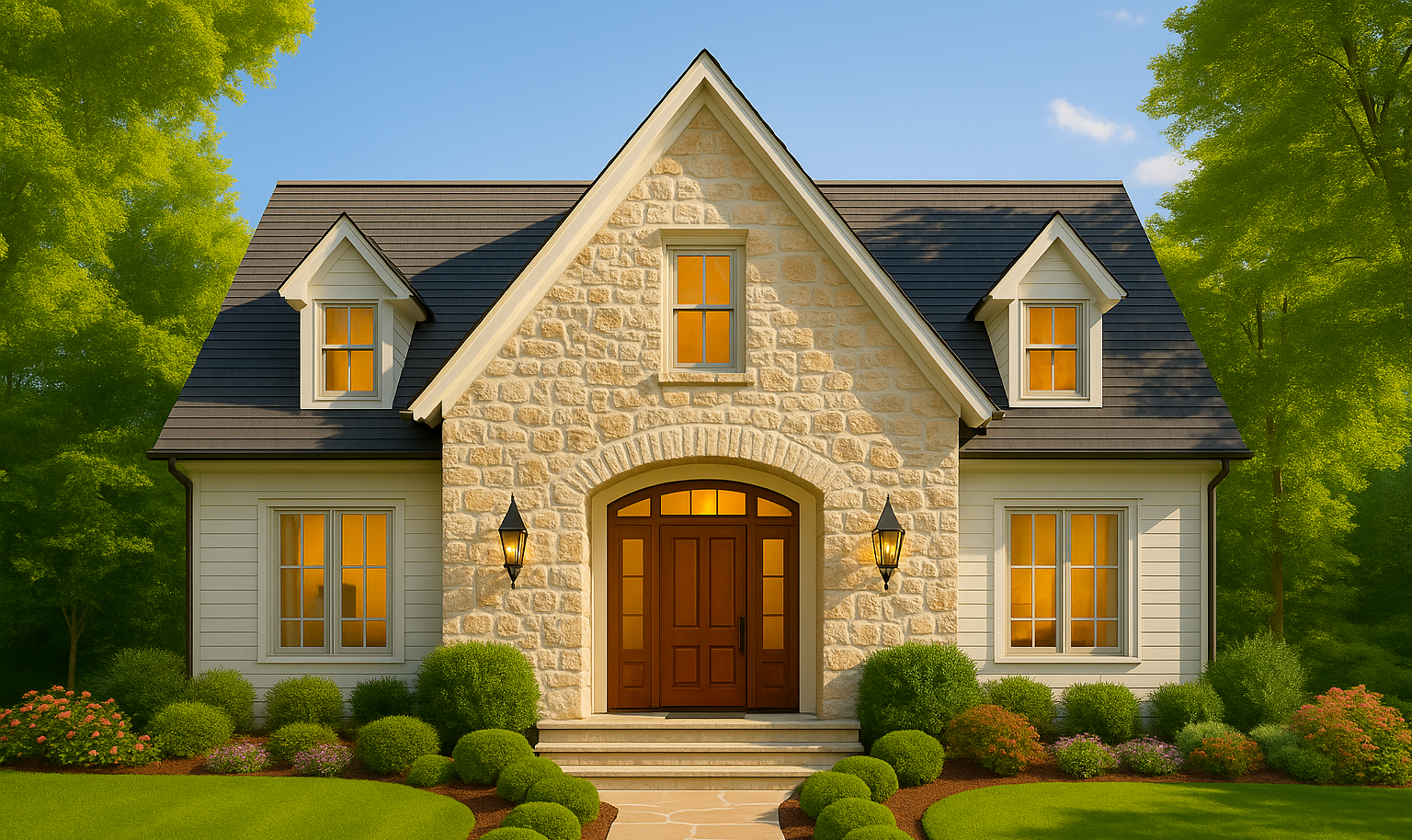 Rendering of Chateau M-2760-ST, a French Country house plan with arched entry, painted brick exterior, steep gables, and warm interior glow.