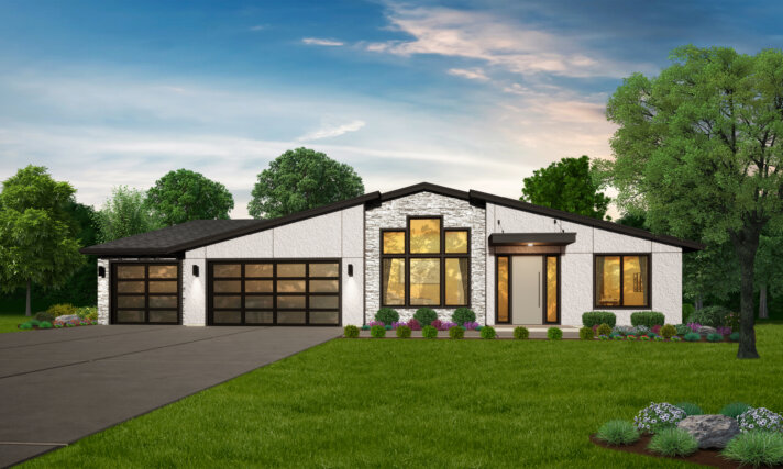 Rendering: Photorealistic front view of Epoch Modern, a Mid-Century Modern Downhill Luxury House-Plan with stone and stucco exterior, low roofline, and expansive windows.