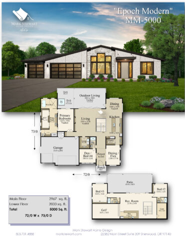 Epoch Modern is a 5,000 sq. ft. Mid-Century Modern Ranch House Plan with open-concept living, a main-floor owner’s suite, and a luxury lower-floor entertainment level.