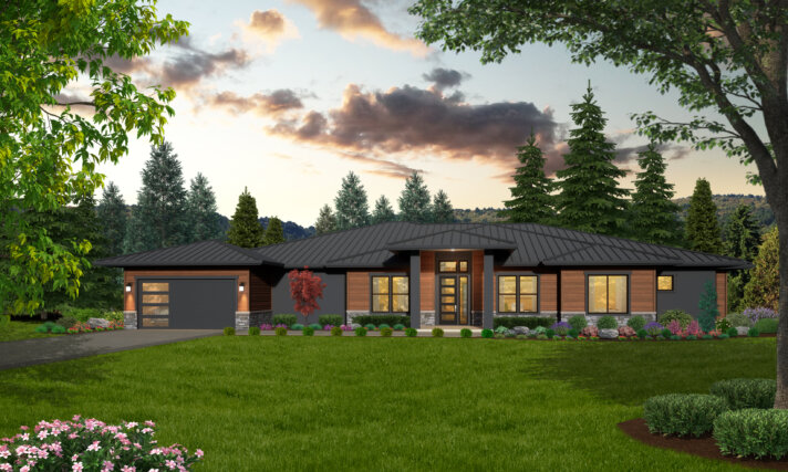 Photorealistic front view of Sunstone, a Modern Prairie luxury ranch house plan with stone and wood accents, metal roof, and expansive windows.