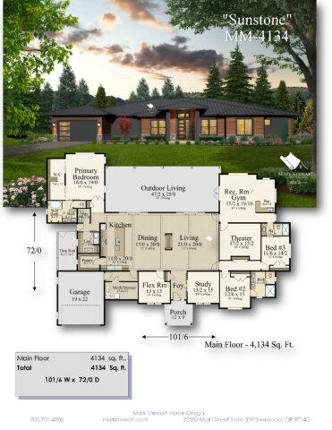 Sunstone is a 4,134 sq. ft. Modern Prairie house plan with open-concept living, a private primary suite, flex room, study, theater, gym, and expansive outdoor living.