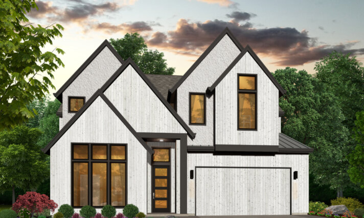 Northern Sky Nordic Modern two story house plan exterior with gabled roof