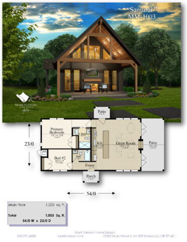 One-story 2-bedroom 2-bathroom modern rustic house plan with vaulted great room and covered patio.