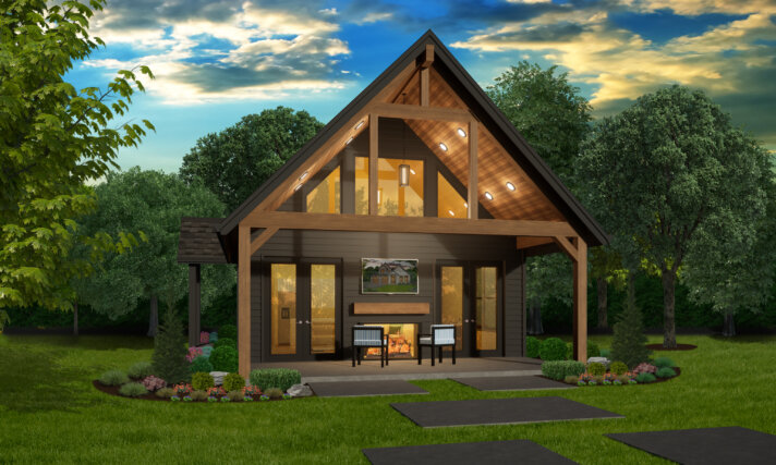 Front Rendering: Samurai MM-1003 modern rustic one-story house plan with vaulted A-frame roofline and covered outdoor living.