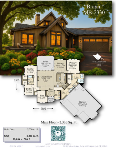 Braun MF-2330 modern rustic one-story house plan with gabled roofline, natural wood siding, and stone accents.