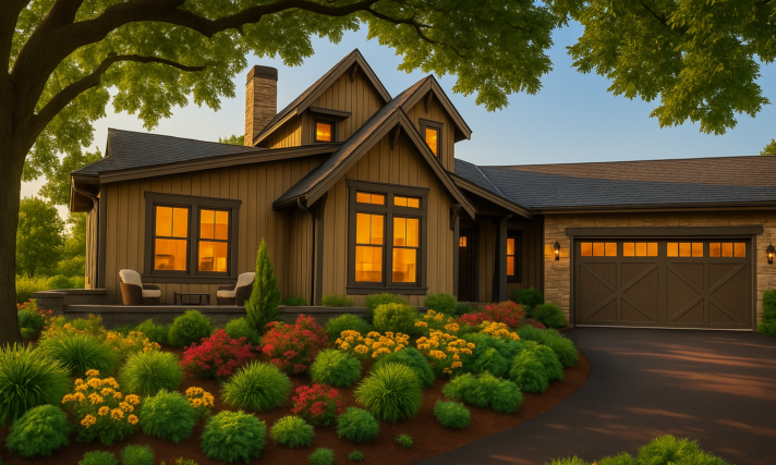 Braun MF-2330 modern rustic one-story house plan with gabled roofline, natural wood siding, and stone accents.