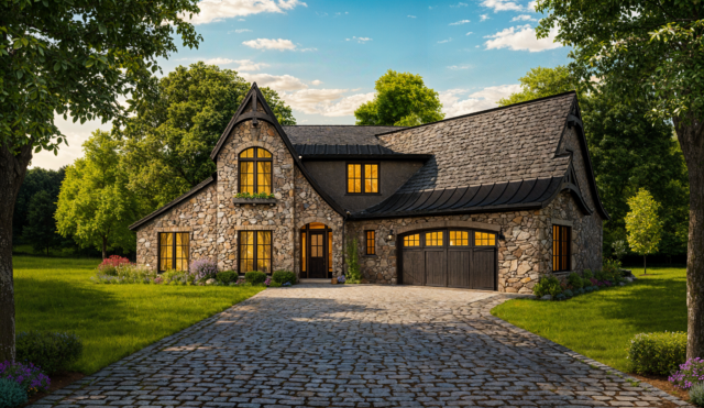 Modern Storybook House Plan Bramour M-3028-ST with sweeping rooflines, Old World Stone Siding , warm wood accents, and glowing windows in a lush landscape.