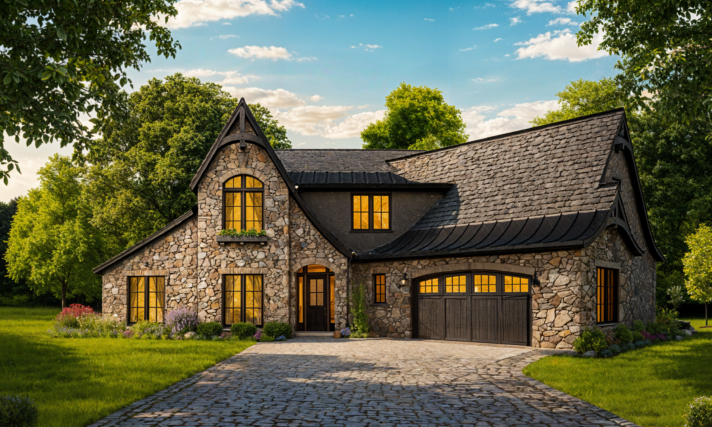 Modern Storybook House Plan Bramour M-3028-ST with sweeping rooflines, Old World Stone Siding , warm wood accents, and glowing windows in a lush landscape.