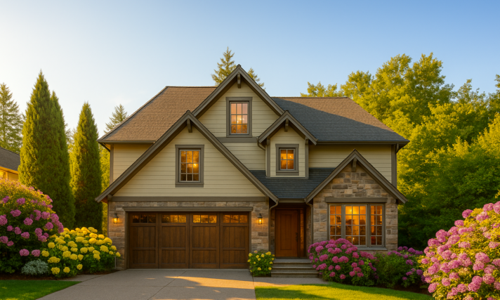 Casita Family House Plan – Rosewood M-2008-B exterior with stone, wood, vaulted great room, and private guest casita.”